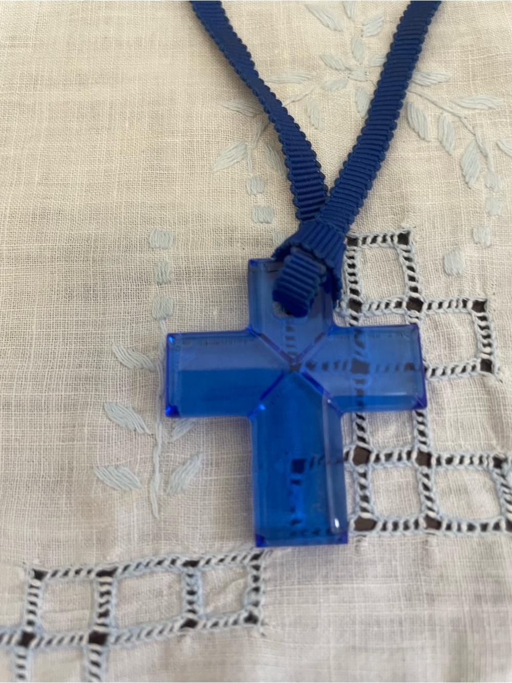 Baccarat Blue Cross Pendant on Blue Ribbon Necklace - Picture 2 of 3